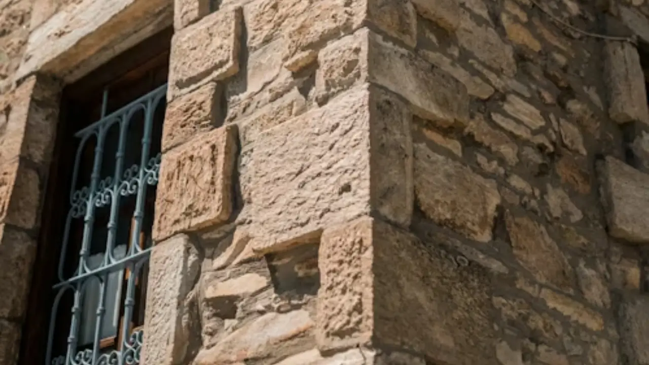 Gros plan sur un mur en pierre qui semble appartenir à la façade d'une maison ancienne