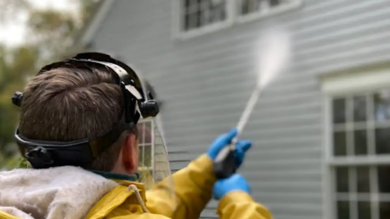 facade-nettoyage Gros plan sur un ouvrier en train de faire un nettoyage de façade