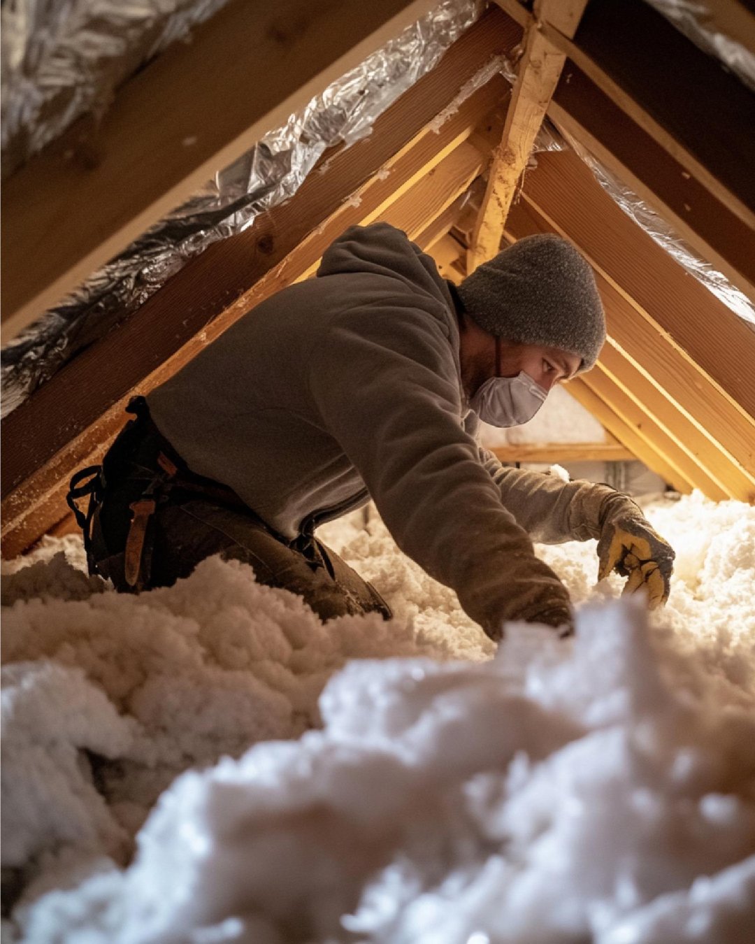Un technicien en plein travaux d'isolation de combles